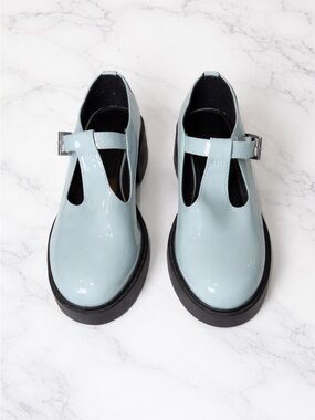 ASOS DESIGN Stealth Light Blue Patent Chunky Mary Jane T-Strap Platform Heels 7